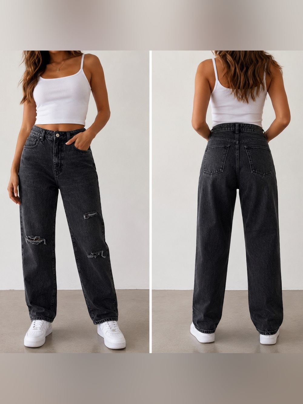 Zara Distressed High Rise Mom Jeans Washed Black Denim Size 6
